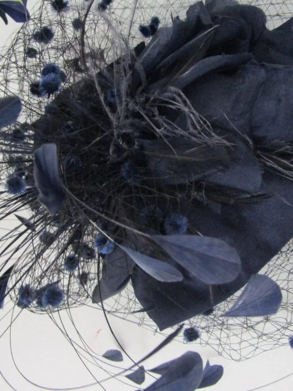 Flocked Veiled Cocktail Hat Silk Flower Feather Navy Wedding